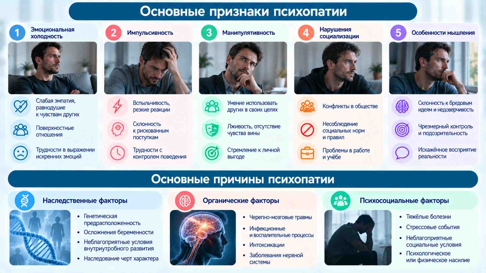 Психопатия — основные признаки, особенности поведения и причины развития. Инфографика о признаках и причинах психопатии: эмоциональная холодность, импульсивность, особенности поведения, наследственные, органические и психосоциальные факторы.